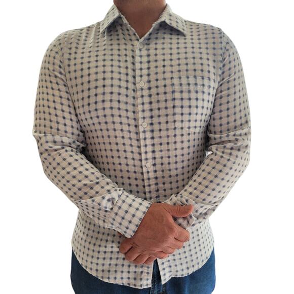 Haggar Button Down Dress Shirt Sz L Blue Gray Checkered Fade Plaid Classic - Picture 2 of 10